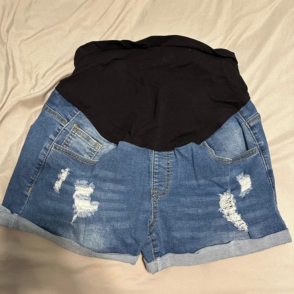 Motherhood Blue Distressed Jean Shorts